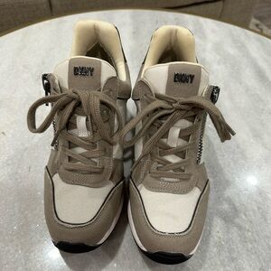 DKNY Taupe and Black Lace-Up Sneakers